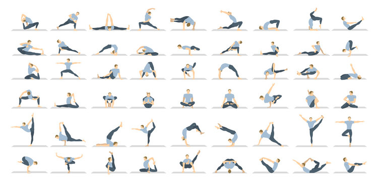 Yoga poses seton white background. Relax and meditate. Healthy lifestyle. Balance training.