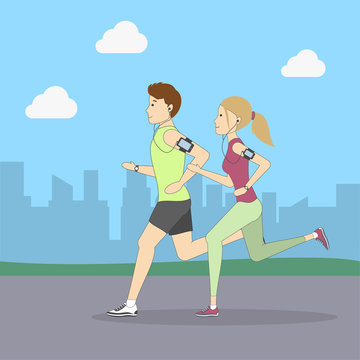 Man and woman jogging in the park. People in fitness outfit. Healthy lifestyle.