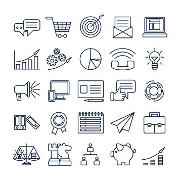 Marketing icons set on white. Internet and video, social media and advertising. Concept of digital content.