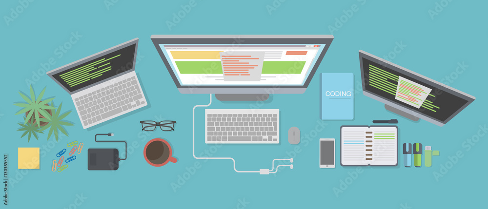 Poster programmer desk mockup. desk with coding notes, computer screens and laptop.
