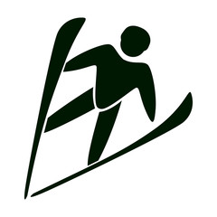 Isolated ski icon on white. Black figure of an athlet on white background. Person with sticks and ski. Extreme sport.