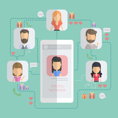 Social networking concept and scheme. Smartphone with connections to icons.
