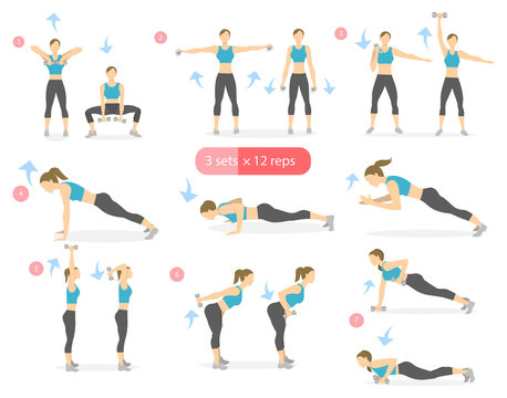 Arms workout set on white. Woman in sport outfit doing exercises in gym. All kinds of arms and shoulders training.
