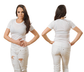 Woman wearing blank white shirt front and back