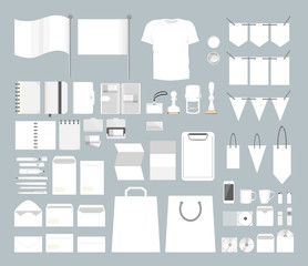 Corporate brand design set. Envelopes and t-shirts, stationary and more. White colour.