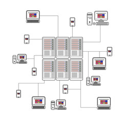 Data isometric set with  center and network elements vector 