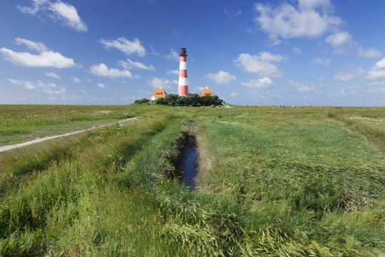 Westerheversand Lighthouse, Westerhever, Eiderstedt Peninsula, Schleswig Holstein, Germany 