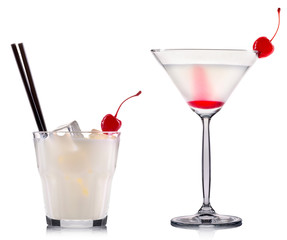 Vanilla cocktail with cherry isolated on white background.