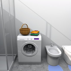 3d interior rendering of furnished bathroom detail with washing machine