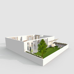 3d exterior rendering of white house with green patio