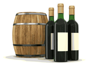 wine barrel and bottles. Image with clipping path