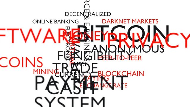 Bitcoin, money, anonymous word tag cloud. White variant. 3D rendering, UHD.