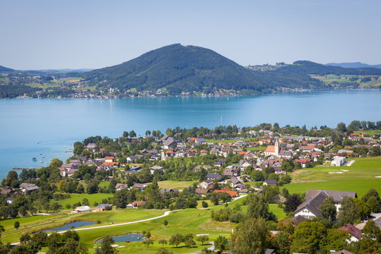 Elevated view over picturesque Weyregg am Attersee, Attersee, Salzkammergut, Austria