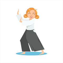 Girl Doing Meditative Tai Chi Exercise In Wide Trousers On Karate Martial Art Sports Training Cute Smiling Cartoon Character