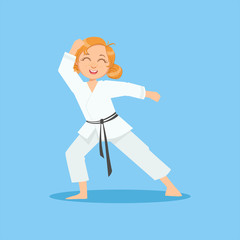Girl With Ponytails In White Kimono On Karate Martial Art Sports Training Cute Smiling Cartoon Character