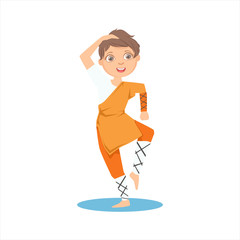 Boy In Shaolin Monk Orange Clothes Demonstrating Starting Stance On Karate Martial Art Sports Training Cute Smiling Cartoon Character