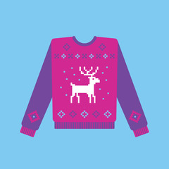 Ugly christmas sweater with deer and snowflakes pattern. Vector