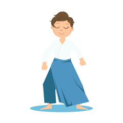 Boy In Wide Trousers Doing Zen Relaxed Stance On Karate Martial Art Sports Training Cute Smiling Cartoon Character