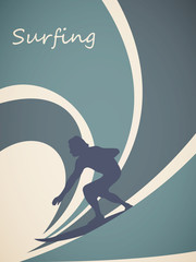 Vector illustration surfer and big wave. Retro style