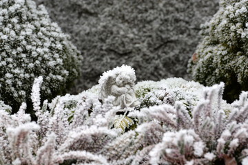 peacefully, little white angel with closed eyes sitting in snow covered green