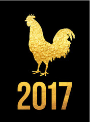 Happy 2017 Chinese New Year card. Vector poster of a golden rooster isolated on black background. Design template for prints, covers, posters, gift cards.