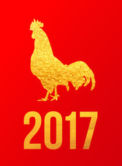 Happy 2017 Chinese New Year card. Vector poster of a golden rooster isolated on red background. Design template for prints, covers, posters, gift cards.
