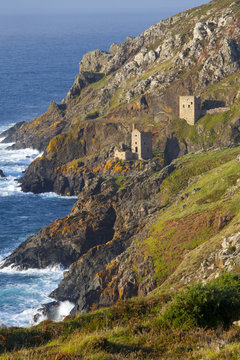 Abandoned Tin Mine near Botallack, and rocky coast, Cornwall 