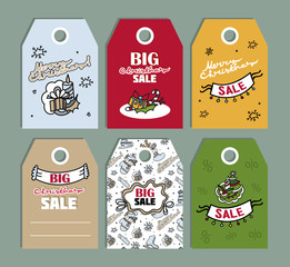 Cute Christmas labels set. Doodle. Cock, head of deer. Hand drawing frame. Christmas Sale Tags. Badge.