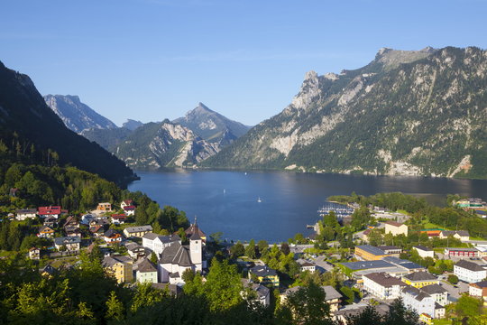 Elevated view over picturesque Ebensee, Lake Traunsee, Salzkammergut, Upper Austria, Austria
