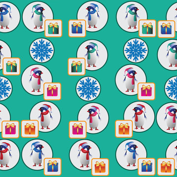 Snowflakes and penguins with gifts. Seamless pattern. Design for textile, wrapping paper for gifts