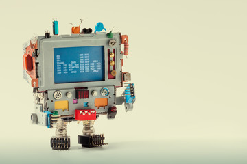 Tv robot with funny monitor computer head, electronic parts. Colorful retro display character message hello on blue screen. Communication television concept. gradient background, macro copy space © besjunior
