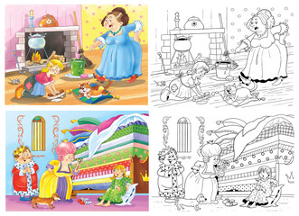 Obraz na płótnie Canvas Coloring page. Cinderella. The princess and the pea. Fairy tale.