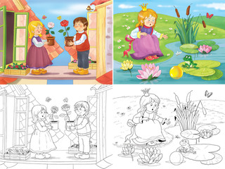 Fairy tale. Coloring page. The Snow Queen. The frog prince. Coloring page