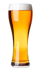 Tall glass of pilsner beer with head isolated