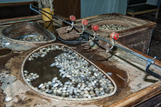 Extraction of silk filaments from cocoons in an alkaline bath, Cappadocia, Anatolia, Turkey Minor