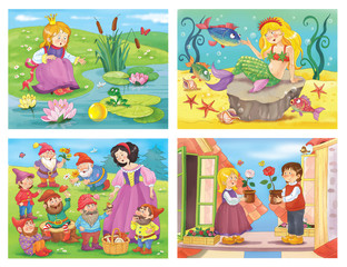 Collection of fairy tale illustrations. The frog prince. Mermaid. The Snow White and seven dwarfs. The Snow Queen © Hasmik