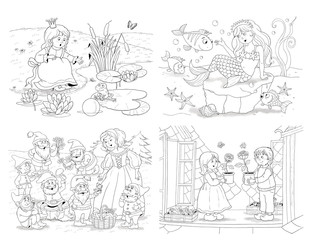 Collection of fairy tale illustrations. The frog prince. Mermaid. The Snow White and seven dwarfs. The Snow Queen
