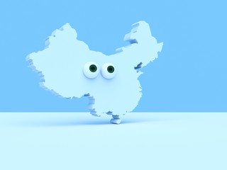 Cartoon Country Map China With Big Eyes, 3d illustration
