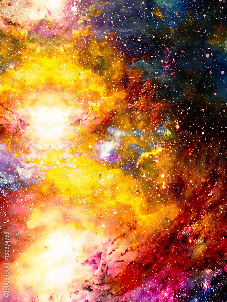 Poster cosmic space and stars, color cosmic abstract background. fire effect in space.