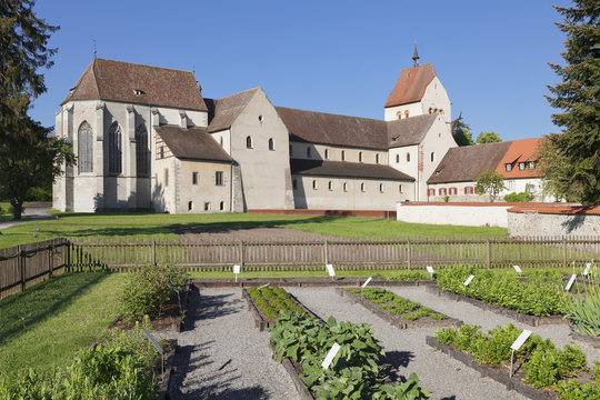 Herb garden, St. Maria und Markus Cathedral, Mittelzell, Reichenau Island, Lake Constance, Baden-Wurttemberg, Germany