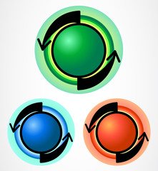 three colored buttons: green, red, blue, with colored circles at the base and thick black arrows vogrug, vector illustration