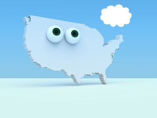 Cartoon Country Map USA With Big Eyes, 3d illustration