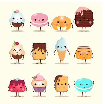 Funny foods sweet dessert face icon emoji. Funny wafer, laughing cupcake and happy cookies. Cartoon funny foods characters isolated vector illustration.