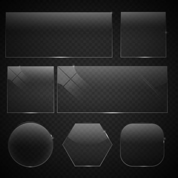 set of transparent glass on sample background. Glass square, rectangular and round buttons on checkered background. Vector illustration.