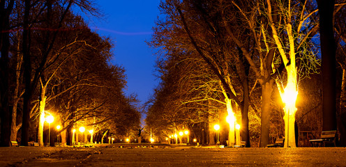 Path at night in a park in Ruse city, Bulgaria