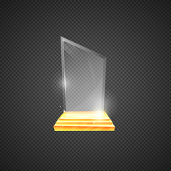 Empty glass trophy awards. Glossy transparent trophy for award illustration vector. Glass reward in gold stand
