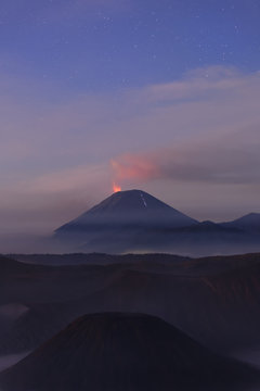Active Gunung Bromo volcano at night, Bromo-Tengger-Semeru National Park, Java, Indonesia