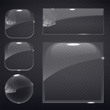 set of transparent glass on sample background. Glass framework set. Glass square, rectangular and round buttons on checkered background. Vector illustration.