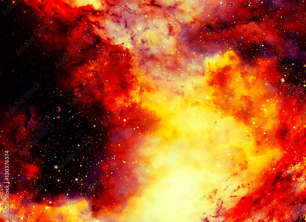 Poster cosmic space and stars, color cosmic abstract background. fire effect in space. copy space.