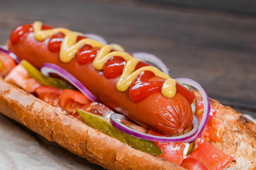Grilled hot dogs with mustard, ketchup